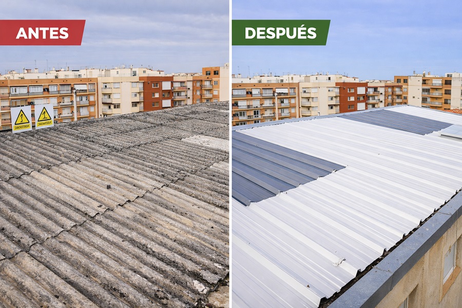 foto antes y despues de quitar amianto en edificio comunitario de Valencia