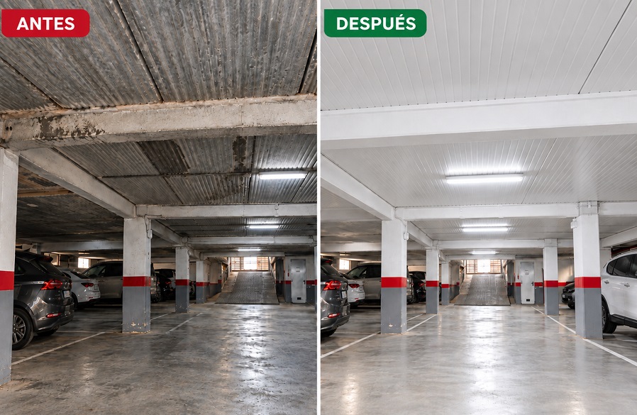 antes y después de quitar amianto en garaje de coches en torrente