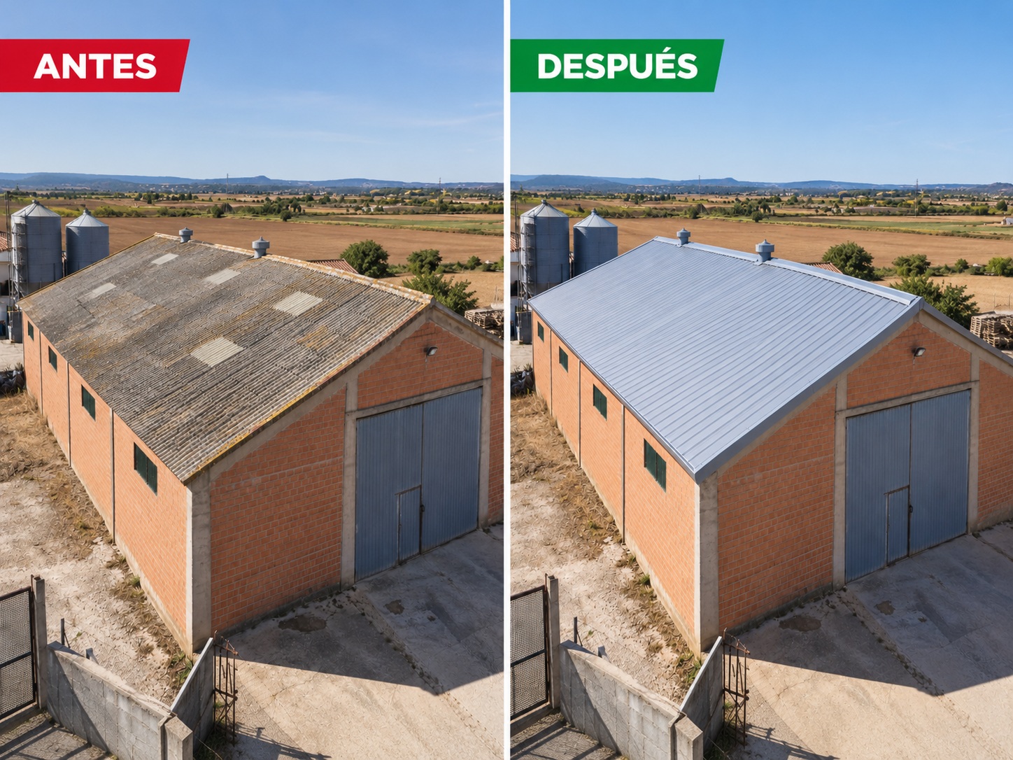 Imagen del antes y después de renovar el tejado en una nave
