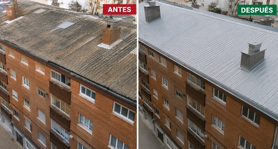 Foto antes y después de eliminar el amianto en un edificio